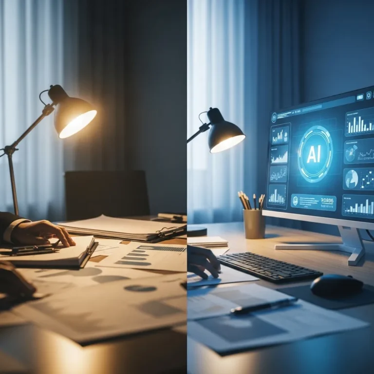 A photorealistic split-screen image showing two contrasting business scenarios