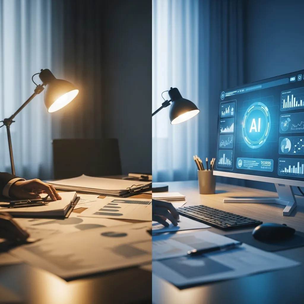 A photorealistic split-screen image showing two contrasting business scenarios
