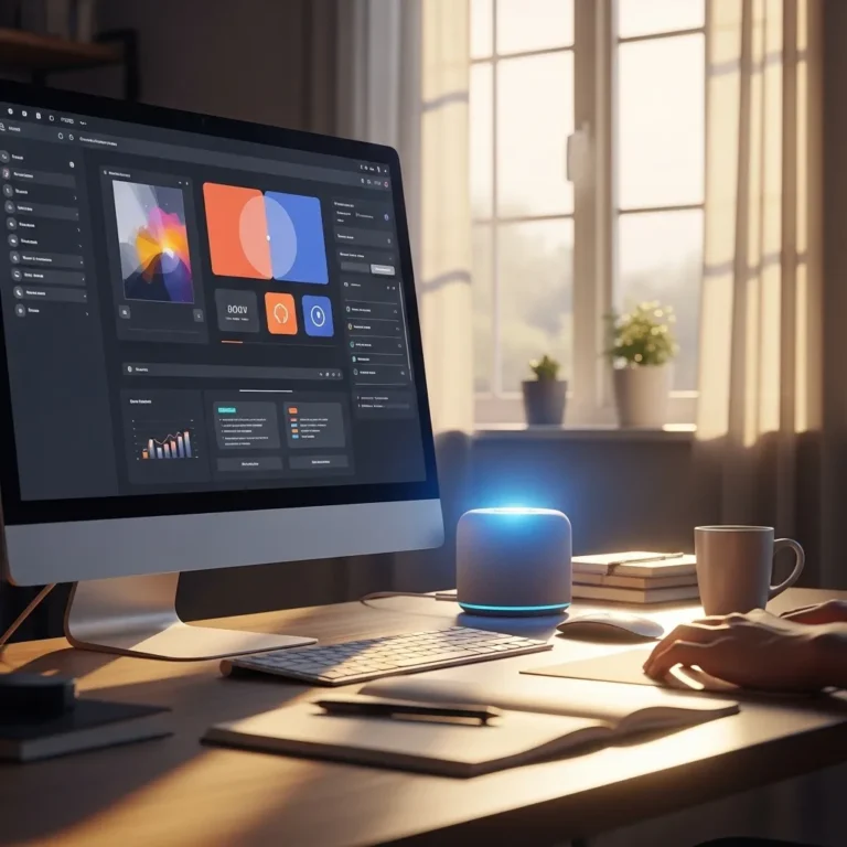A photorealistic image of a modern, minimalist workspace with a glowing computer screen displaying abstract content creation