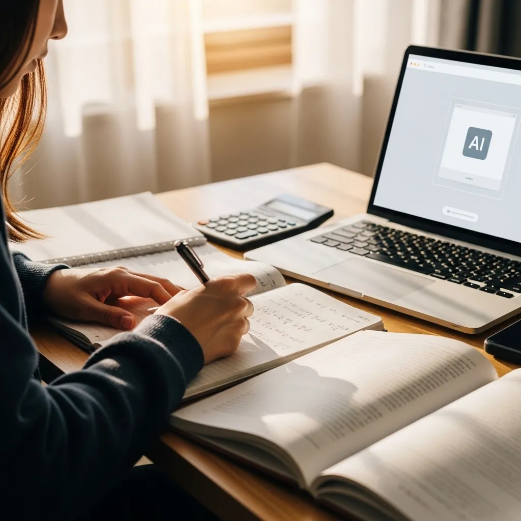 A photorealistic image of a female student's hands writing in a notebook with a laptop open nearby showing a clean, minimalis