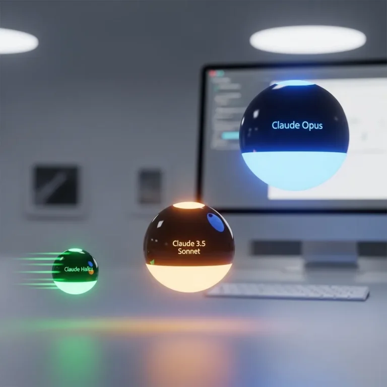 A photorealistic digital illustration showing three distinct AI models represented as elegant, glowing orbs floating in a cle