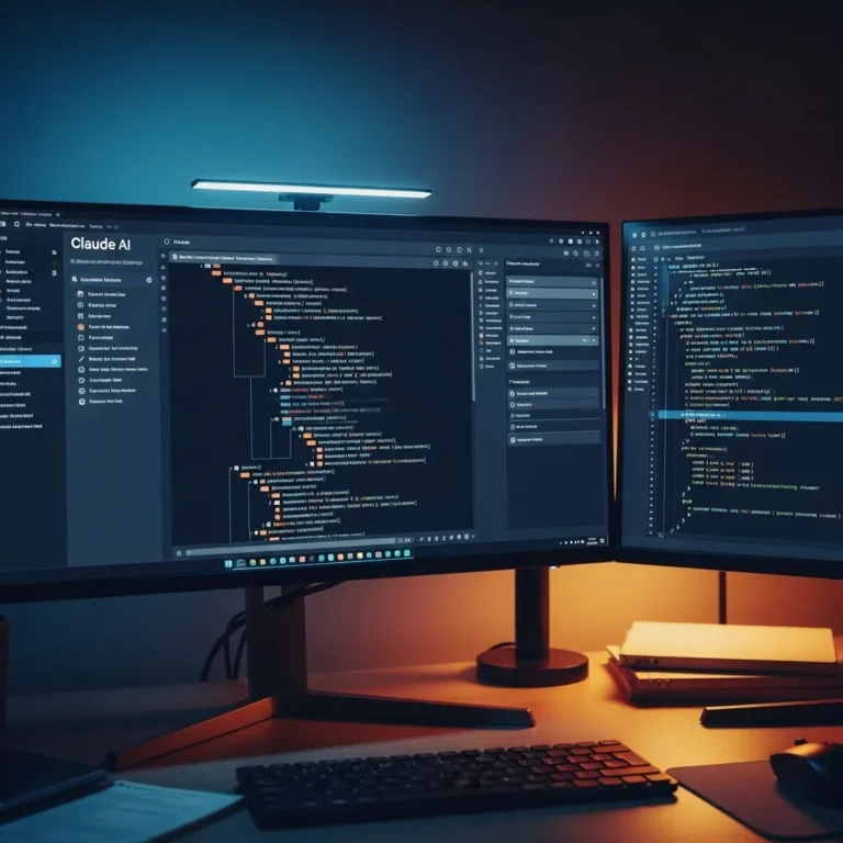 A photorealistic workspace showing a developer's dual-monitor setup with Claude AI interface open on one screen displaying a