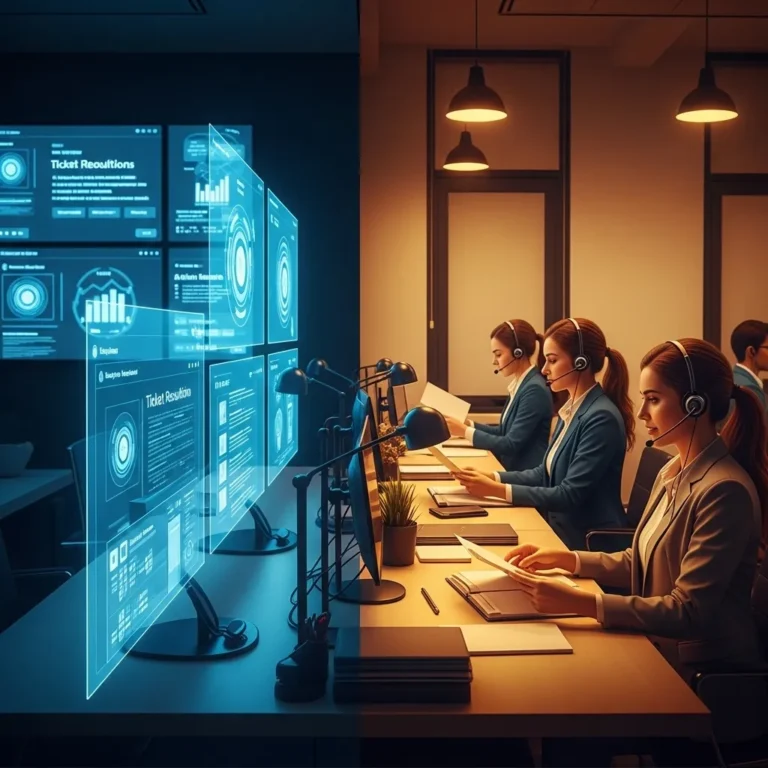 A photorealistic scene showing a modern customer service center with two distinct areas