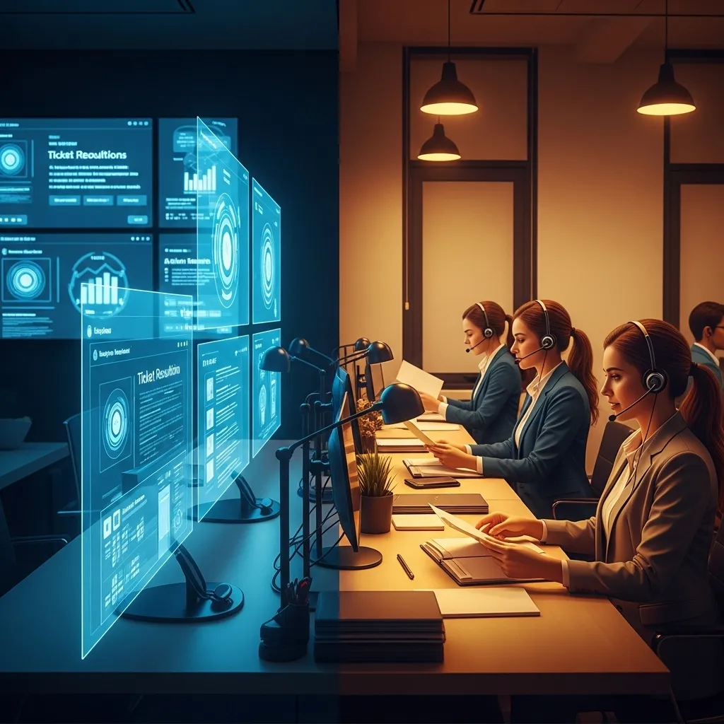 A photorealistic scene showing a modern customer service center with two distinct areas