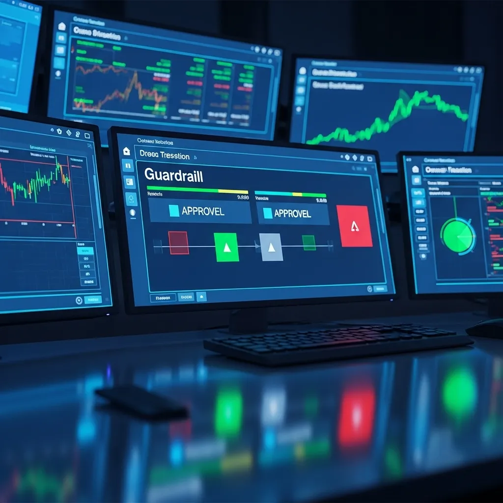 A photorealistic image of a sophisticated AI control room dashboard with multiple glowing screens showing financial transacti
