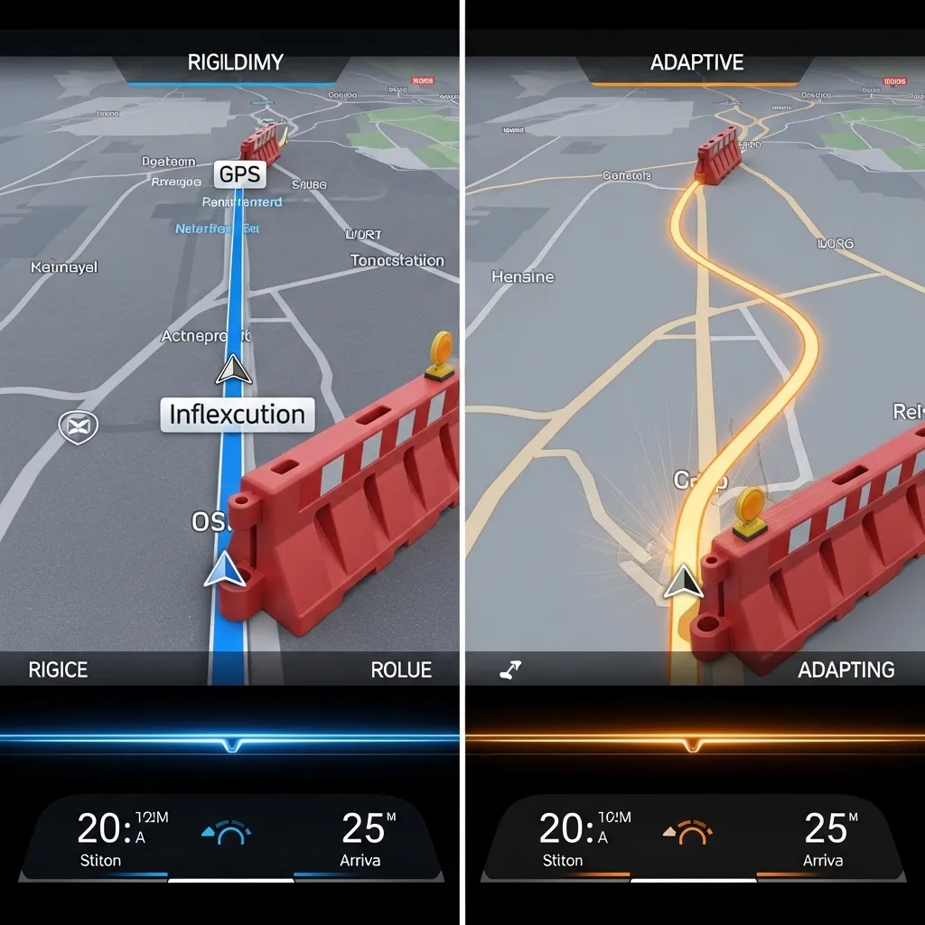 A photorealistic split-screen image showing two navigation approaches
