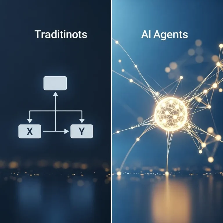 A photorealistic split-screen digital illustration showing the contrast between traditional chatbots and AI agents
