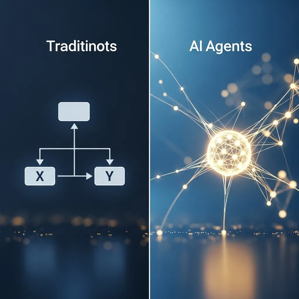 A photorealistic split-screen digital illustration showing the contrast between traditional chatbots and AI agents