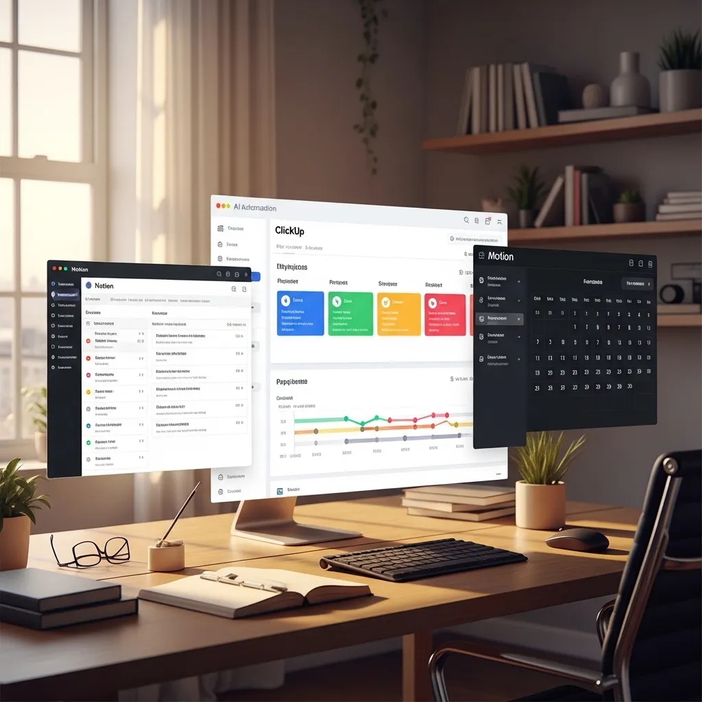 A modern office desk with three distinct AI automation interfaces floating above it