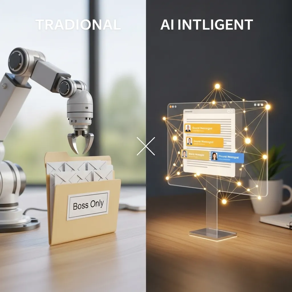 A split-screen photorealistic illustration showing the difference between traditional and AI automation
