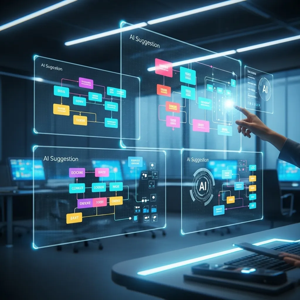 A photorealistic digital illustration of a modern office control room with multiple holographic screens floating in mid-air