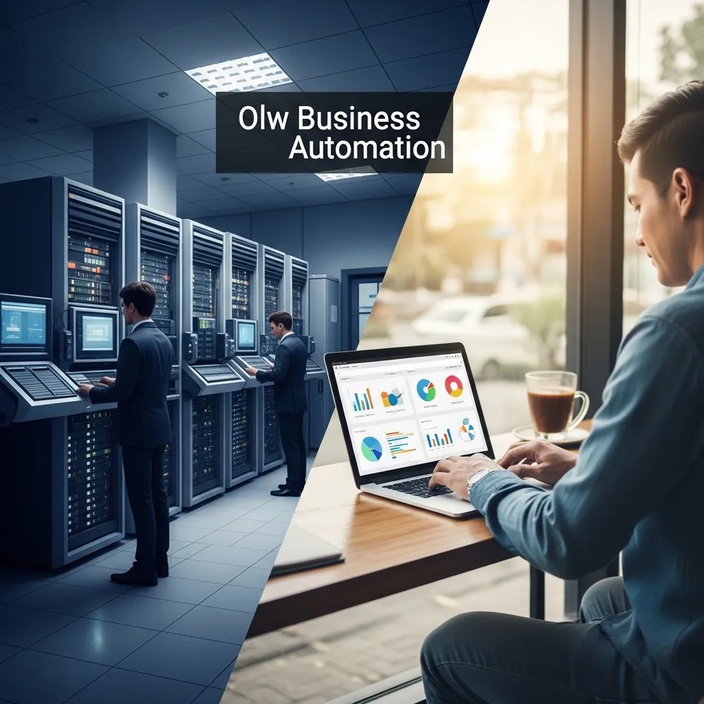 A split-screen image showing contrast between old and new business automation