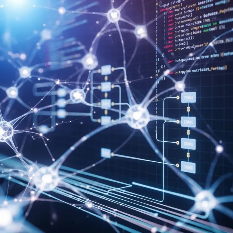 A photorealistic digital illustration showing an AI coding assistant analyzing a complex software architecture diagram