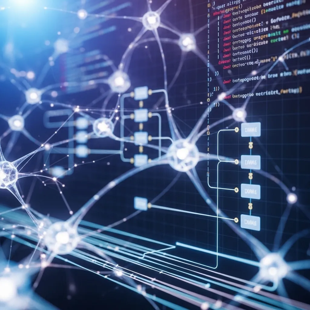 A photorealistic digital illustration showing an AI coding assistant analyzing a complex software architecture diagram