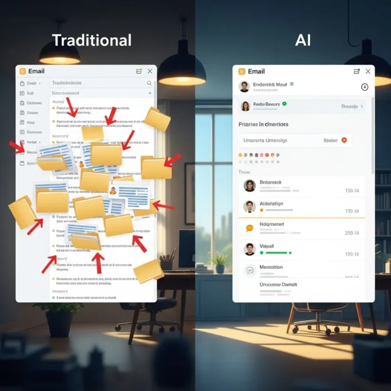 A split-screen digital illustration showing the contrast between traditional and AI email management