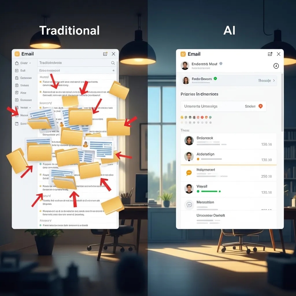 A split-screen digital illustration showing the contrast between traditional and AI email management