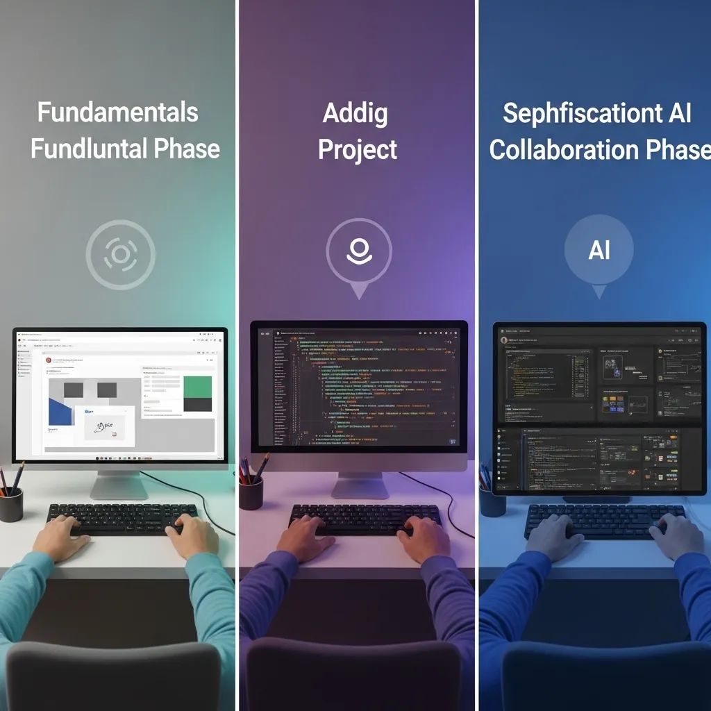 A photorealistic office scene showing the transition from experimental technology to standard business software