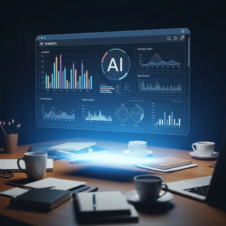 A photorealistic digital illustration showing a sophisticated AI dashboard interface hovering above a messy, human workspace