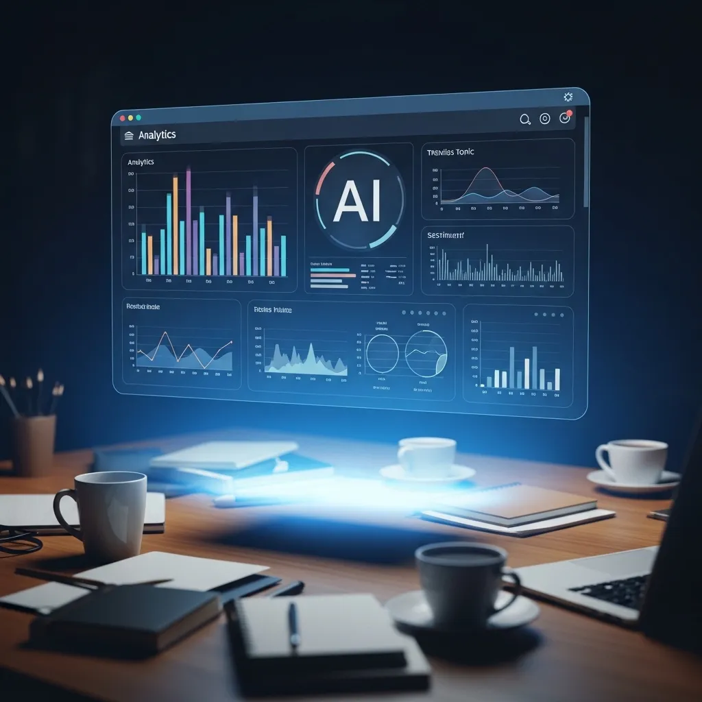 A photorealistic digital illustration showing a sophisticated AI dashboard interface hovering above a messy, human workspace