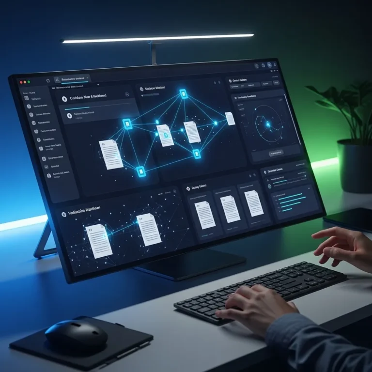 A photorealistic digital illustration of a modern research interface with multiple AI tools displayed on a sleek, dark-themed
