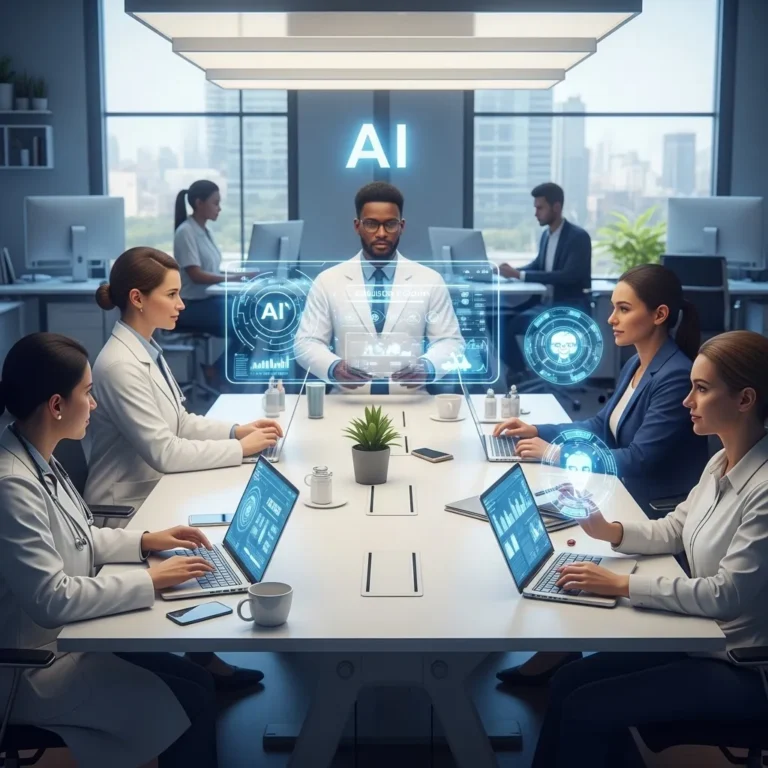 A photorealistic scene of a diverse group of university students studying together in a modern library