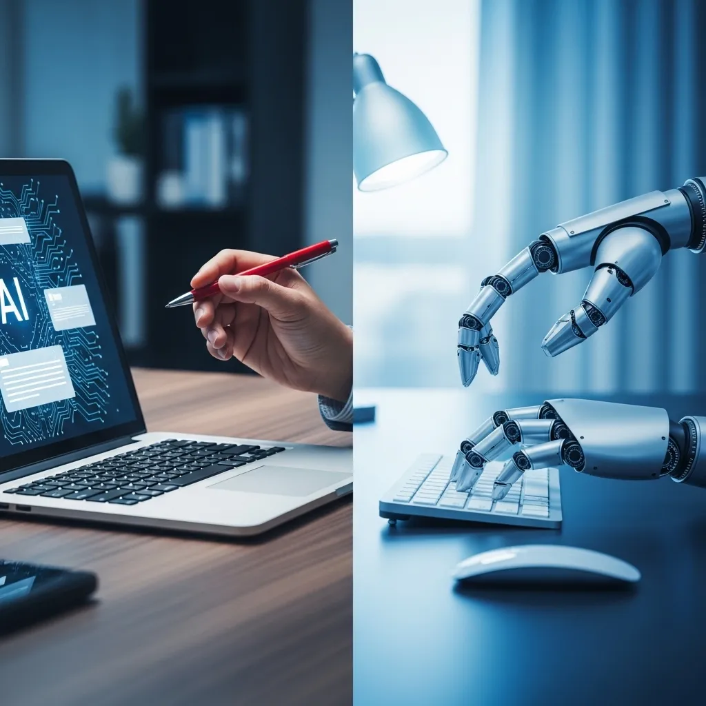 A photorealistic illustration showing a modern office desk with a laptop displaying AI-generated content