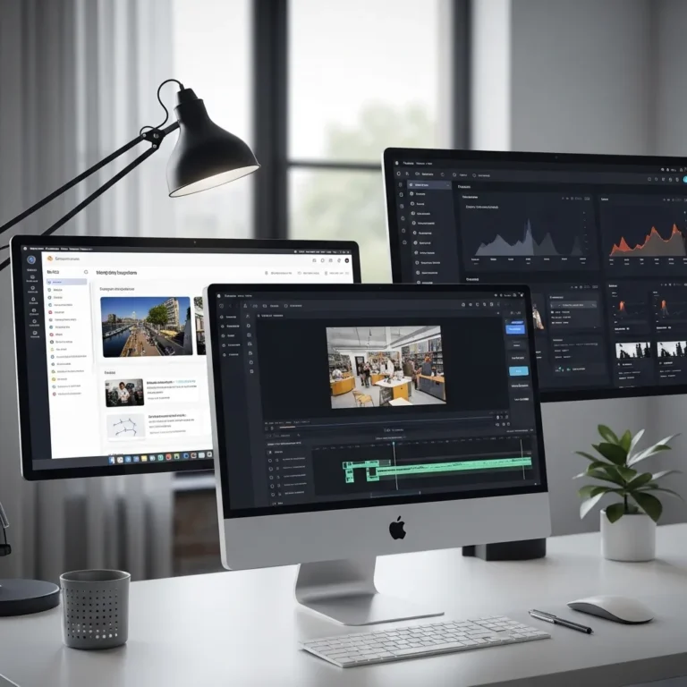 A modern, organized digital workspace showing multiple AI content creation tools on different screens