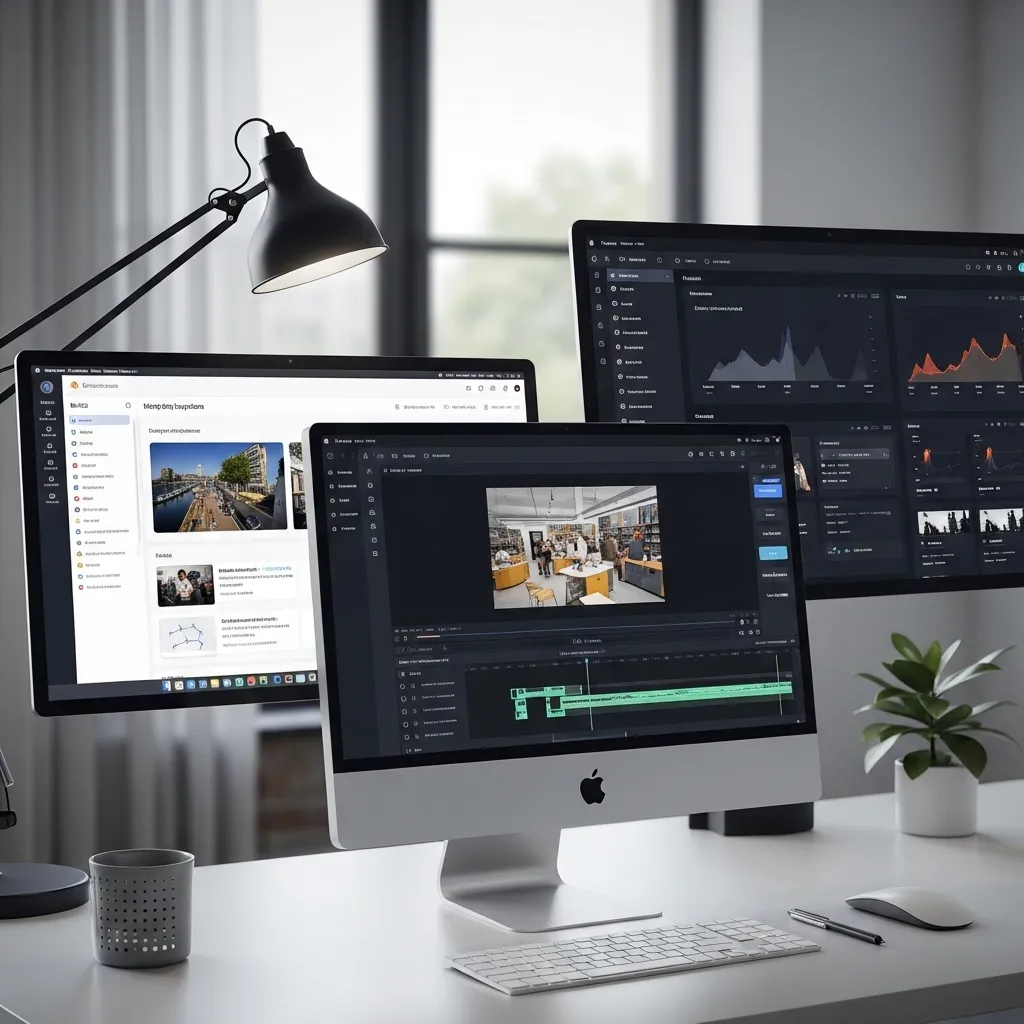 A modern, organized digital workspace showing multiple AI content creation tools on different screens