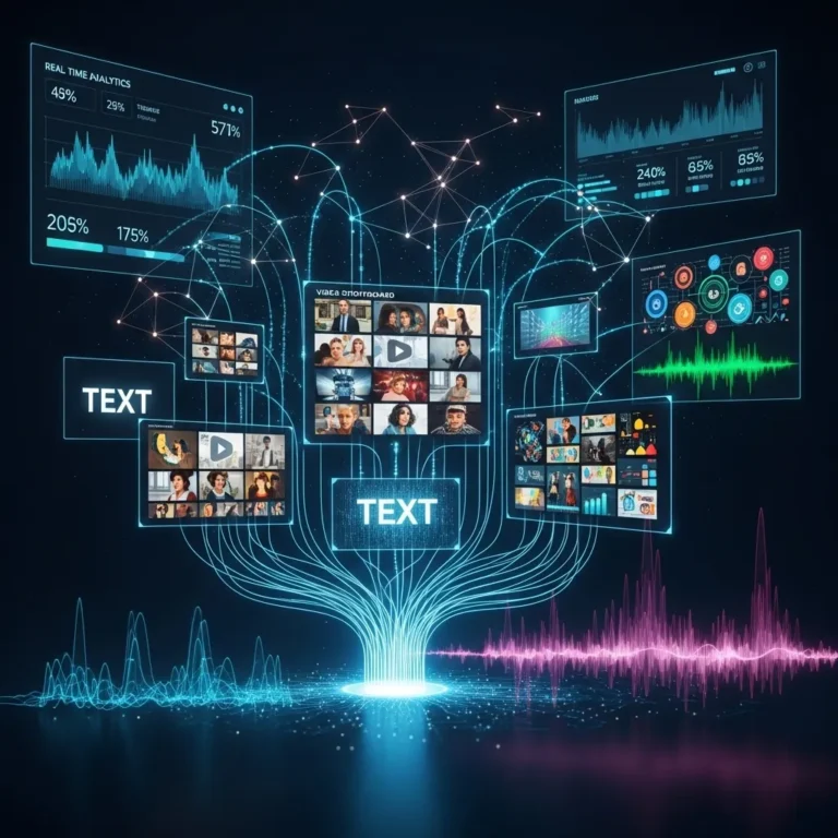 A modern, professional office workspace with a content creator using multiple specialized AI tools on different screens