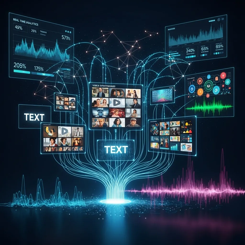 A modern, professional office workspace with a content creator using multiple specialized AI tools on different screens