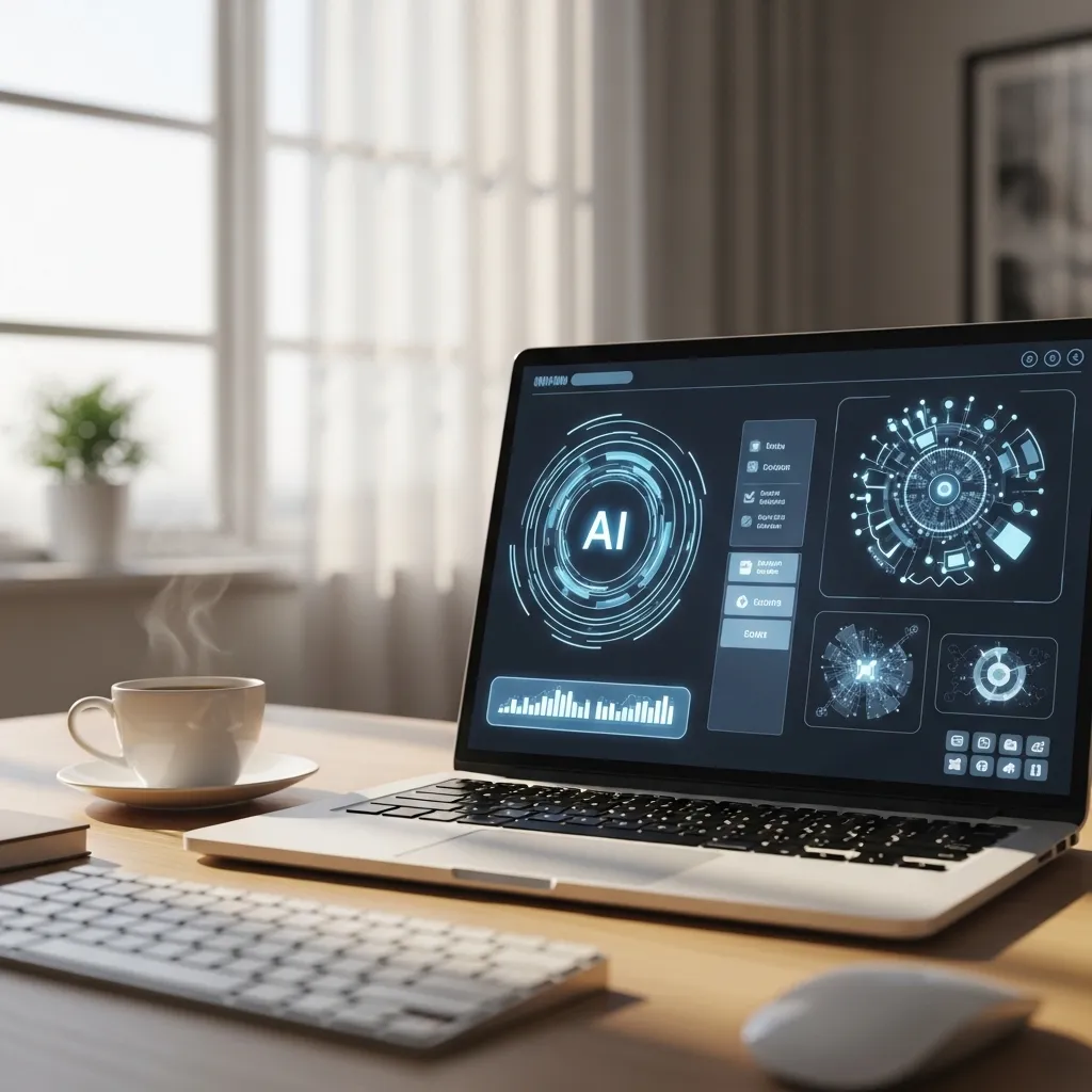 A photorealistic scene showing a modern, minimalist workspace with a laptop displaying abstract AI interface patterns