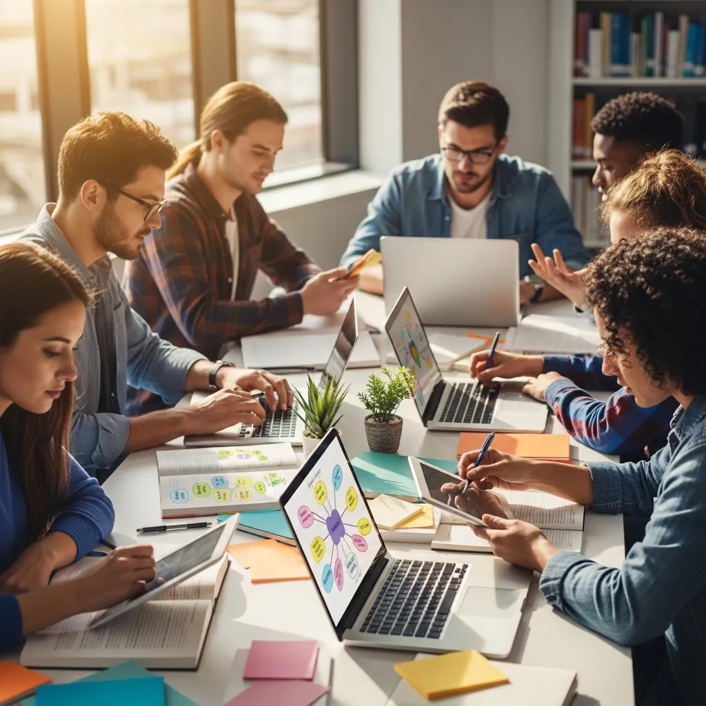 A photorealistic image of a diverse group of students studying together in a modern, sunlit library