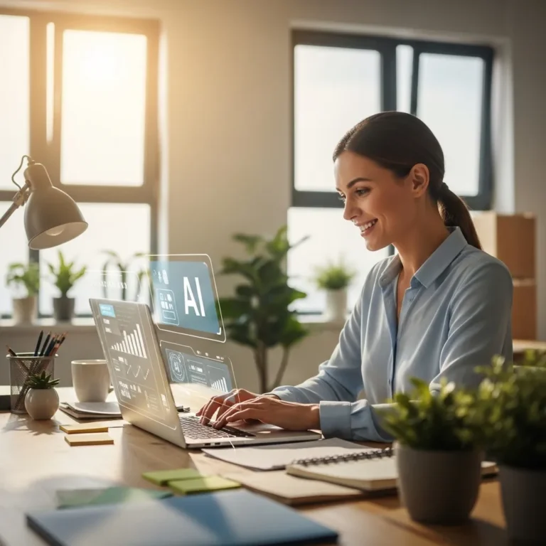 A photorealistic image of a confident professional woman in a modern office, smiling while working on a laptop with AI interf