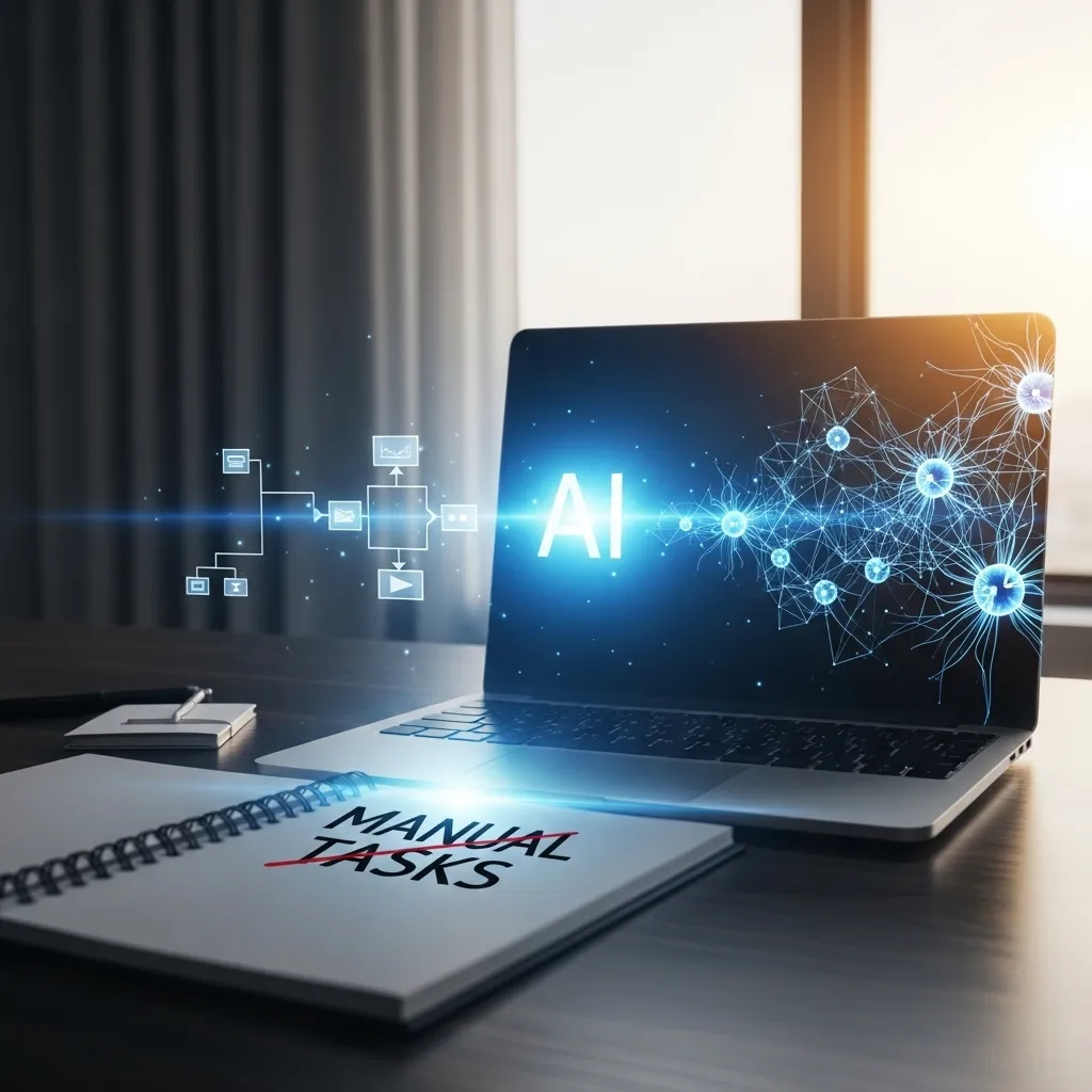 A photorealistic image showing a modern office desk with a laptop displaying a glowing AI interface transitioning from rigid