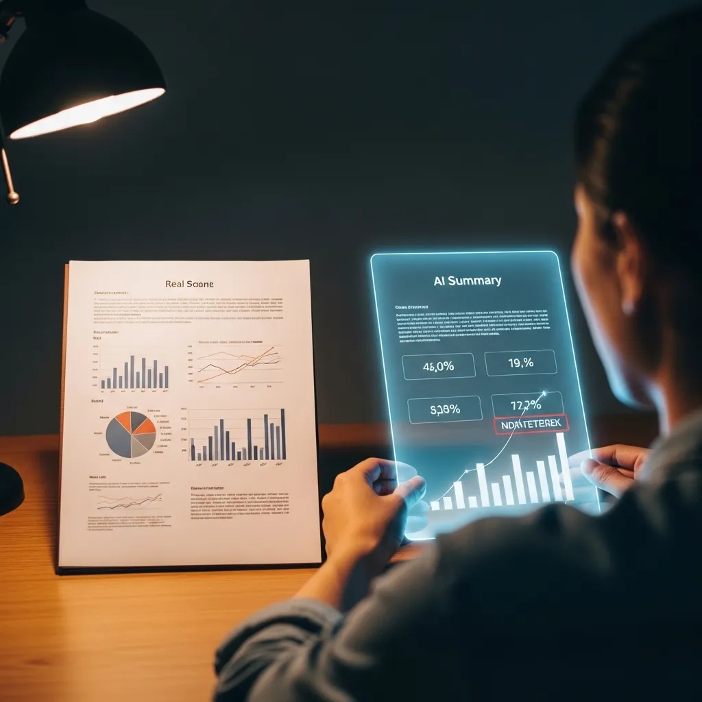 A photorealistic image of a person looking at two contrasting documents side by side on a wooden desk