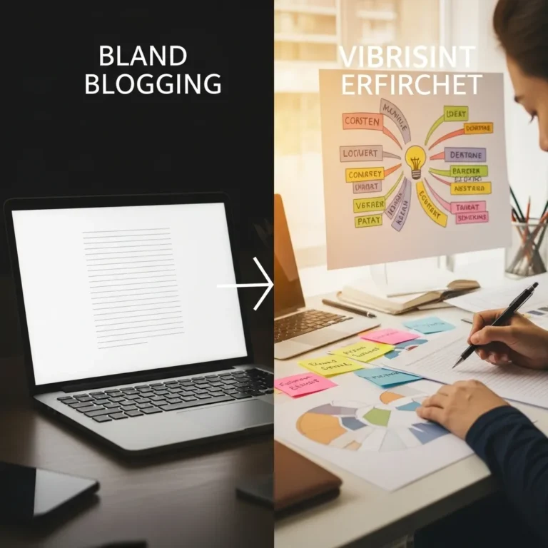 A photorealistic split-screen image showing the contrast between bland and vibrant blogging