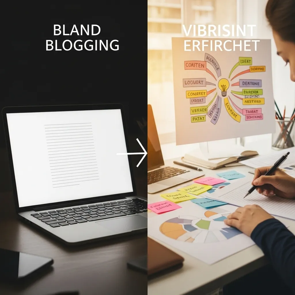 A photorealistic split-screen image showing the contrast between bland and vibrant blogging