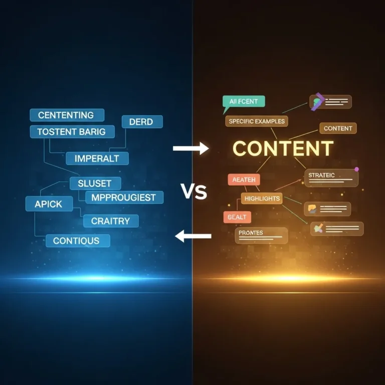 A split-screen digital illustration showing two contrasting content creation approaches