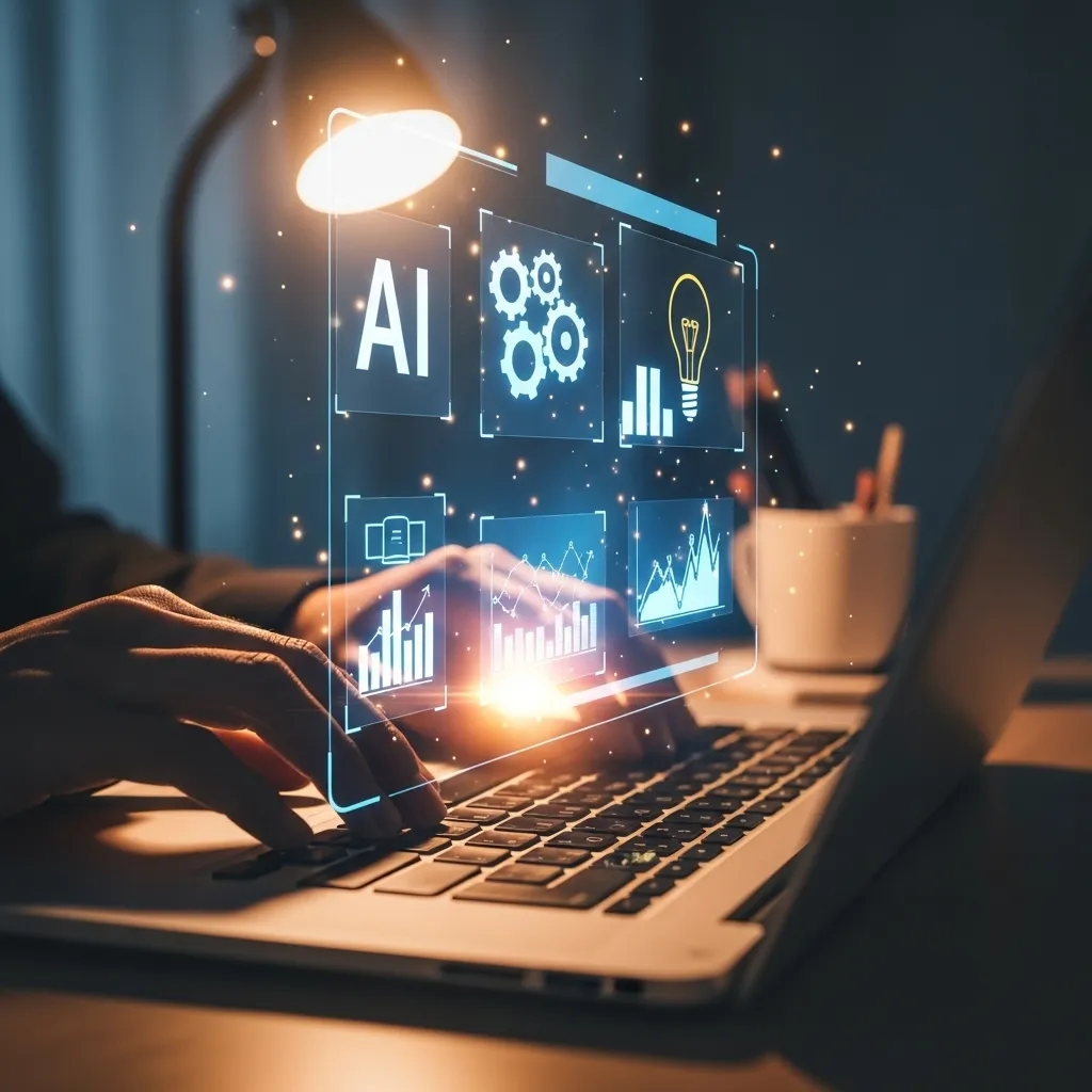 A photorealistic scene showing a person's hands typing on a laptop keyboard, with a glowing AI interface hologram floating ab