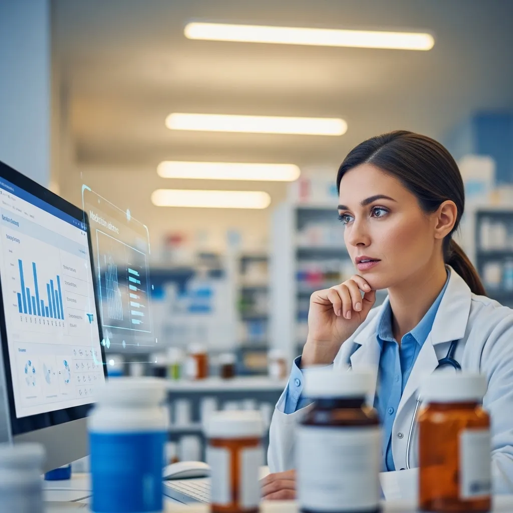 A photorealistic scene in a modern pharmacy setting, focusing on a pharmacist at a computer workstation with medication bottl