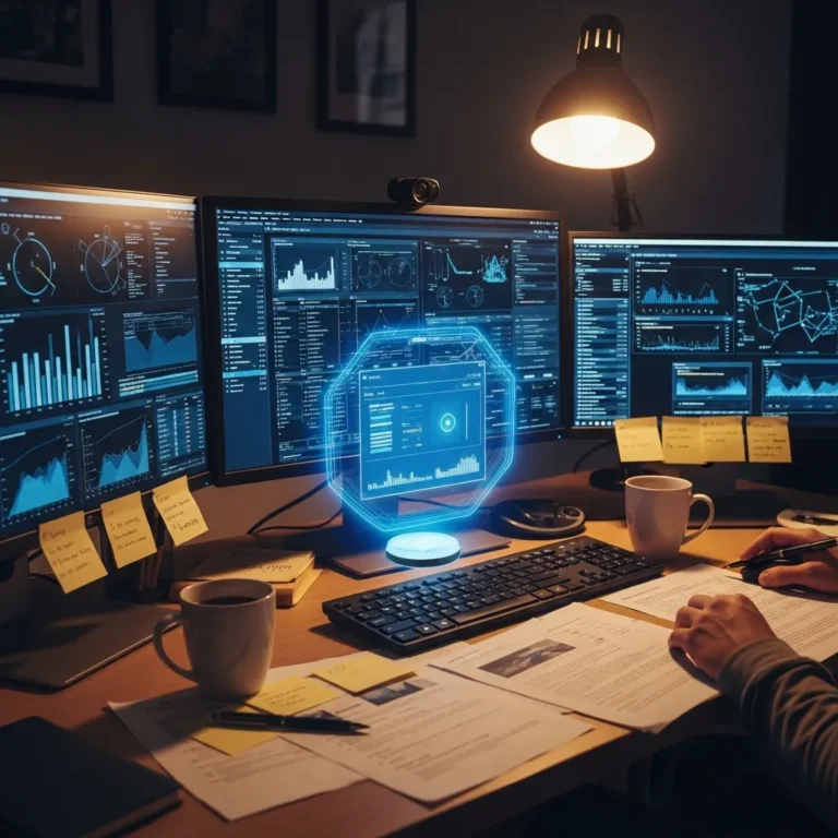 A photorealistic scene showing a researcher's desk with multiple monitors displaying complex data visualizations and research