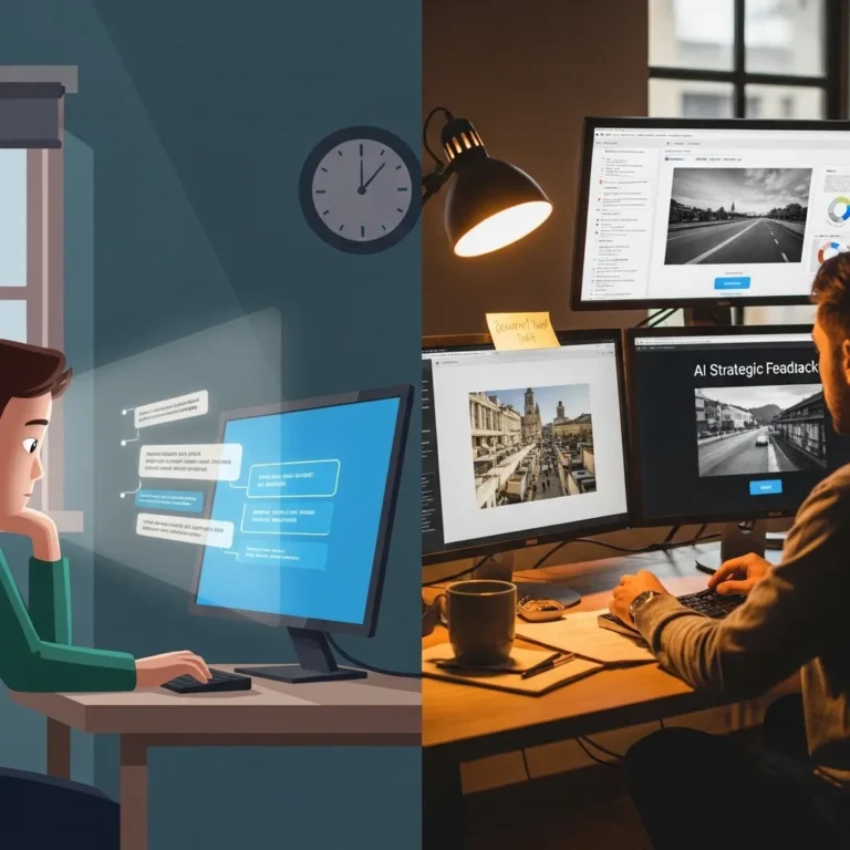 A split-screen composition showing two contrasting content creation workflows