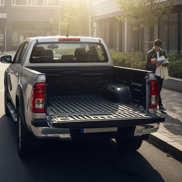 A photorealistic image of a modern pickup truck parked in an urban setting, with its spacious bed empty but ready for use