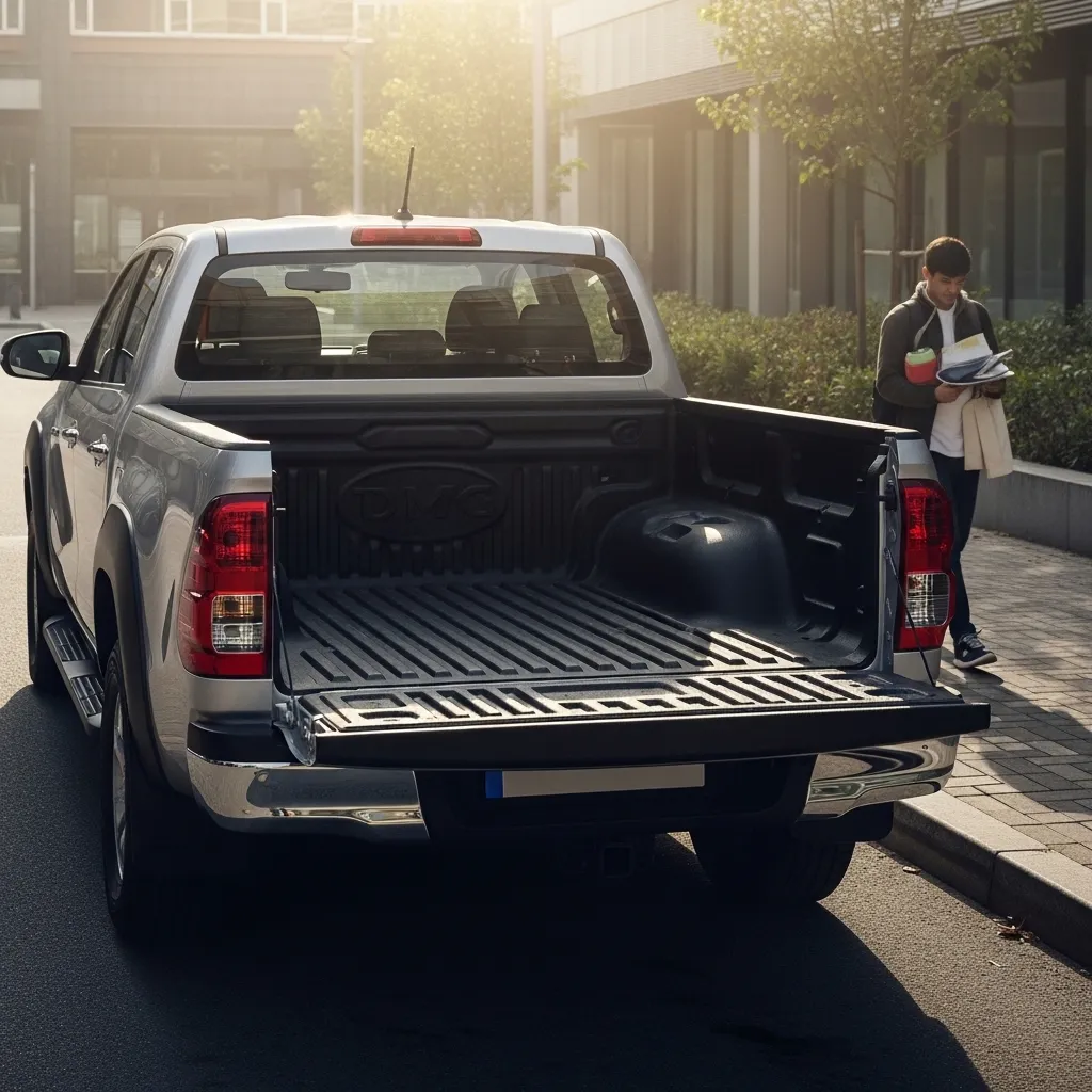 A photorealistic image of a modern pickup truck parked in an urban setting, with its spacious bed empty but ready for use