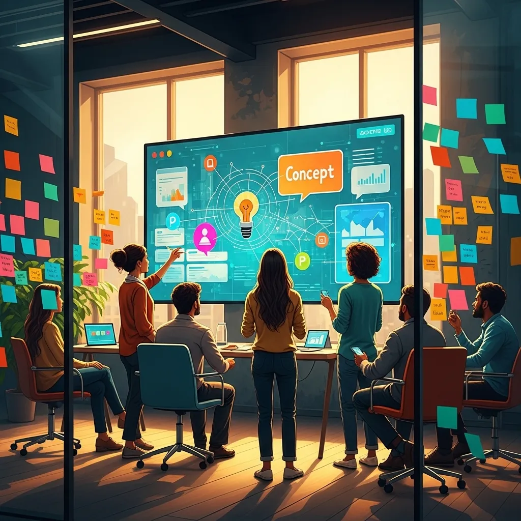 A dynamic digital illustration of a creative brainstorming session in a modern office
