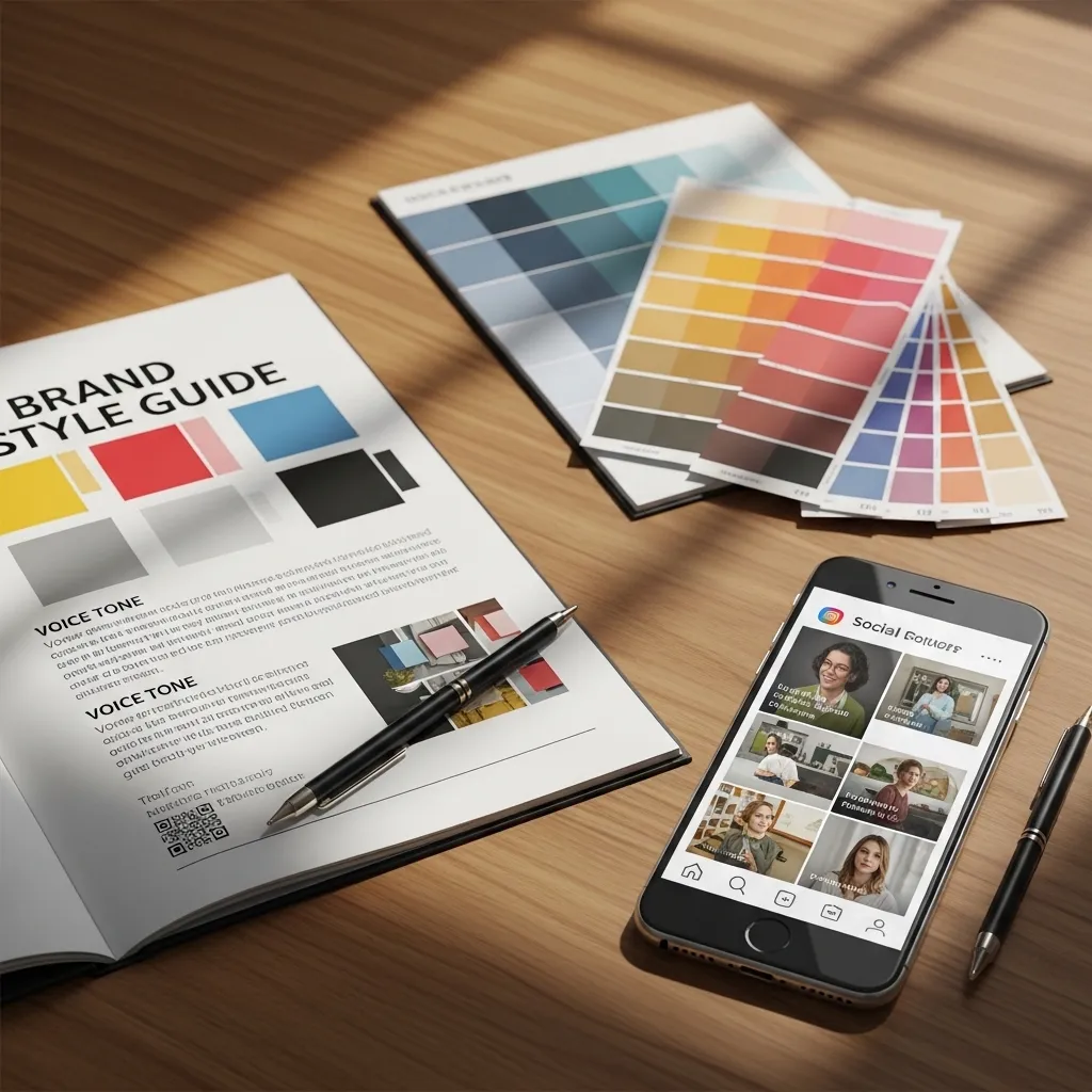 A detailed digital illustration showing a brand style guide document open on a wooden table, with color swatches, typography 