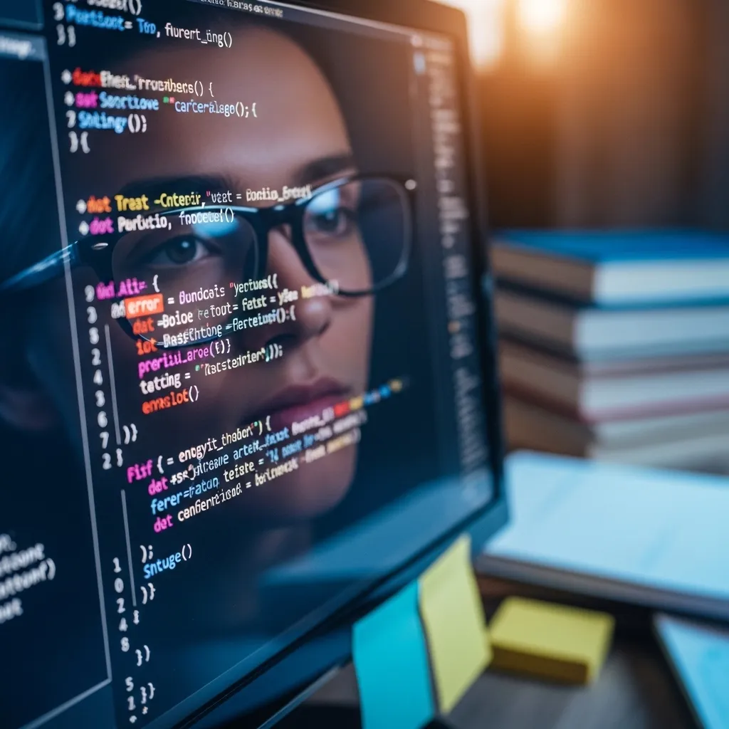 A close-up of a computer screen displaying colorful lines of code with a subtle error highlighted in red