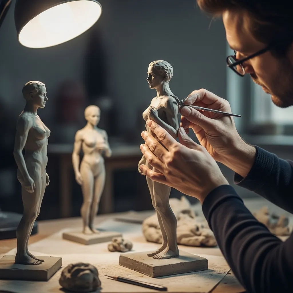 A photorealistic image of a sculptor refining a clay figure, hands gently shaping the details