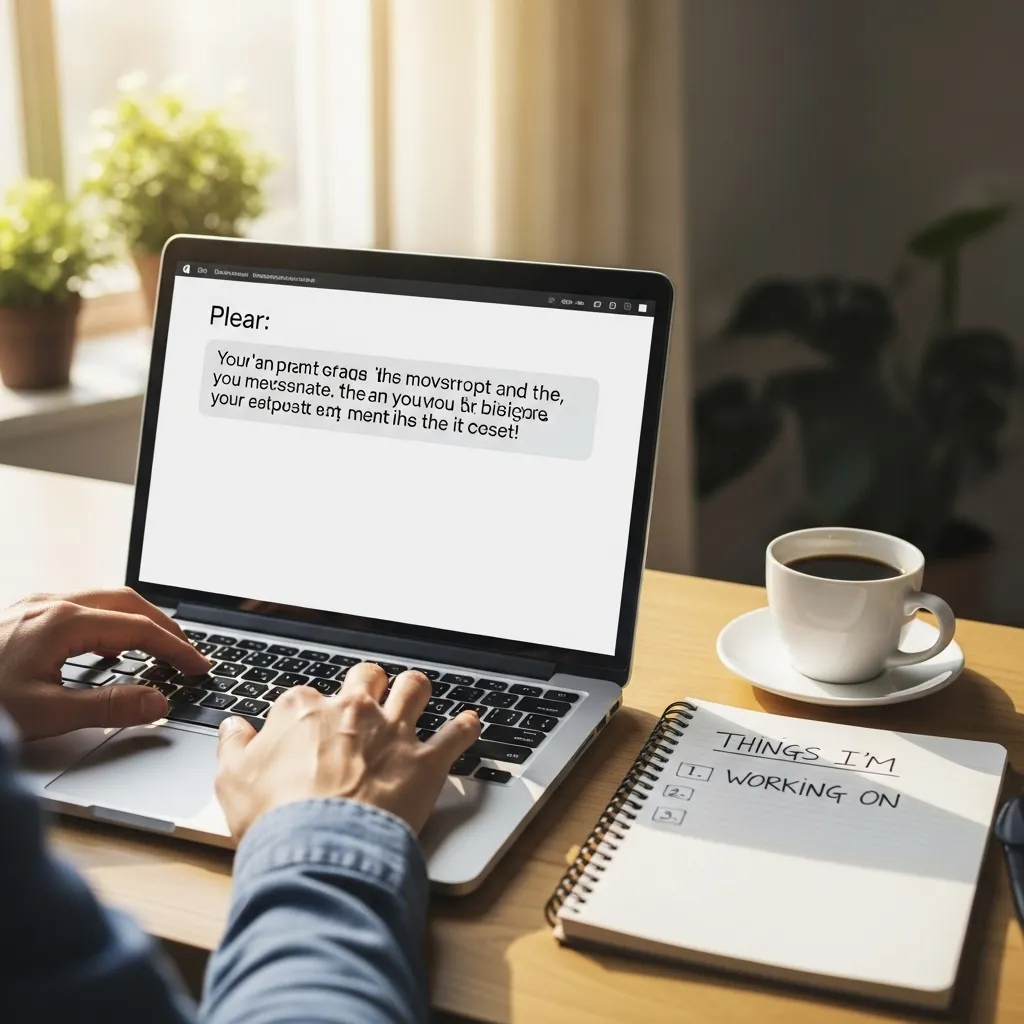 A photorealistic scene of a person's hands typing on a laptop keyboard in a cozy home office setting