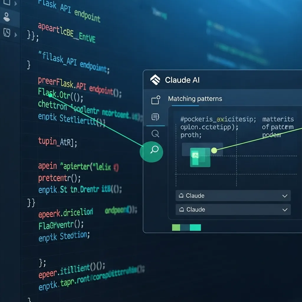 A detailed digital illustration showing a split-screen view: left side displays a Flask API endpoint code snippet with highli